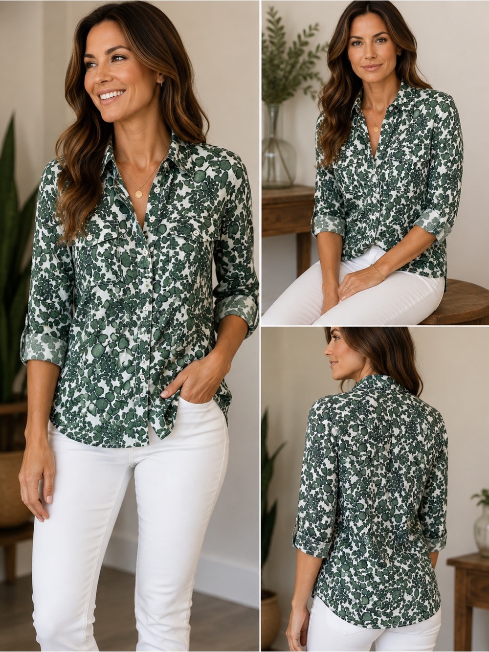 Tory Burch Brigitte Green White Botanical Vine Print Button-Up Blouse Size 6